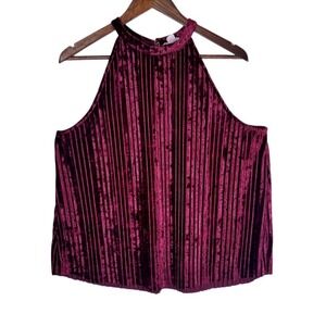 Loveriche Burgundy Velvet Ribbed Halter Neck Keyhole Back Top Size M